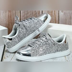 Silver Glitter Platform Sneakers for Women Size 8